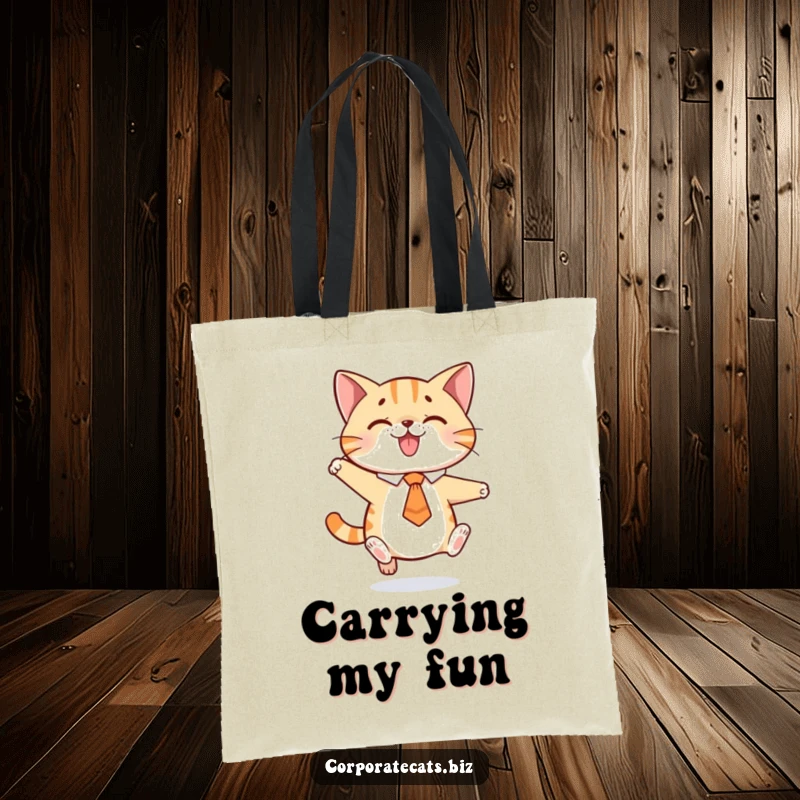 Funny tote bag with a playful cat in a tie doing a joyful jump, perfect for carrying items with a sense of fun.