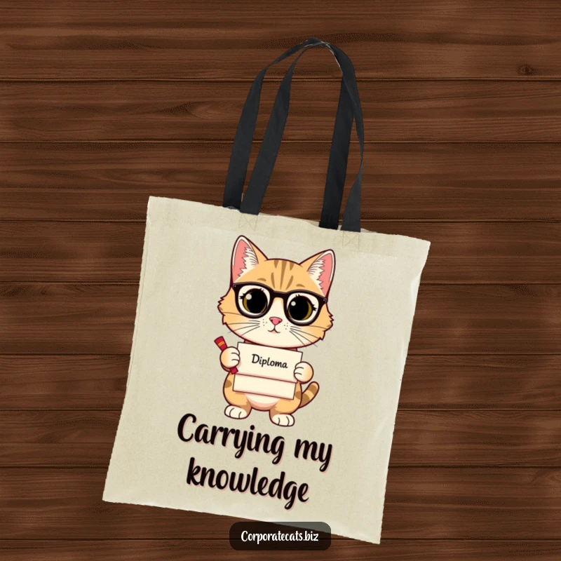 Funny tote bag with a sophisticated cat holding a small diploma, ideal for carrying books or daily items with academic humor.