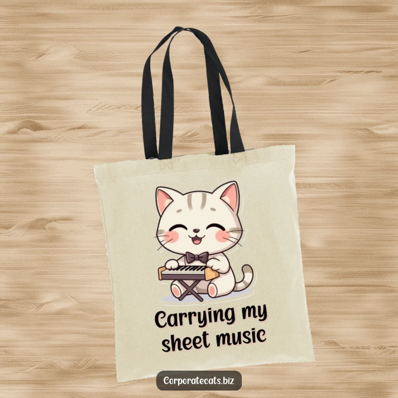 Funny tote bag featuring a smiling cat in a bowtie playing a small piano, showcasing a love for music and feline charm.