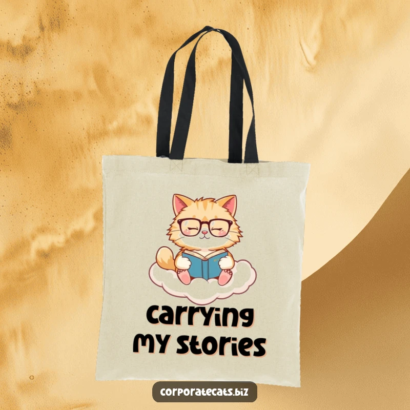 Funny Cat Book Tote Bag: A fluffy cat with glasses reads on a cloud, practical and humorous for bookish excursions.