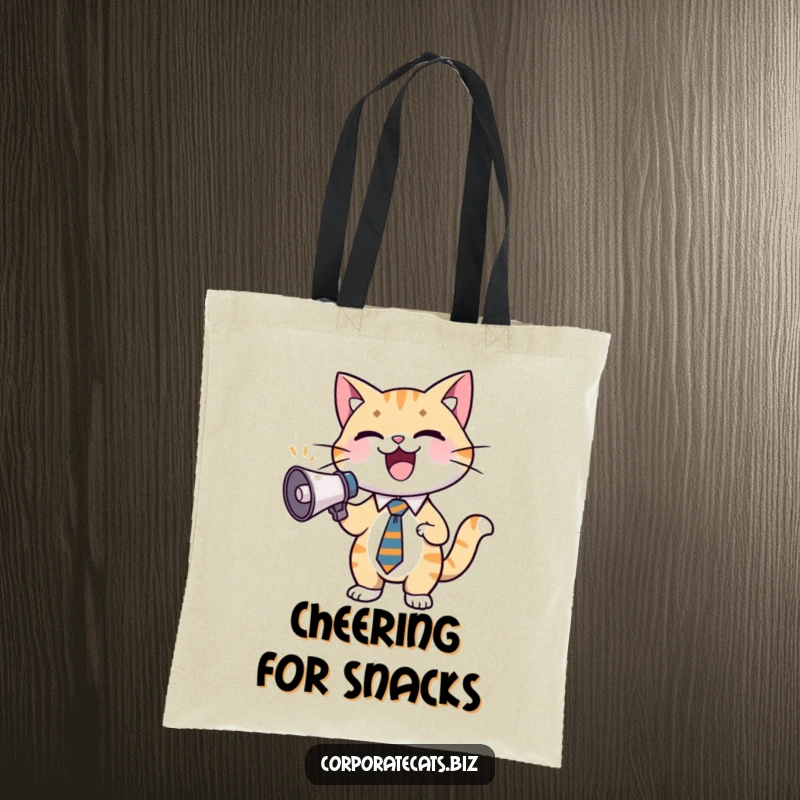 Funny cat tote bag illustrating a tie-wearing cat character excitedly yelling into a small megaphone, embodying motivation and fun.