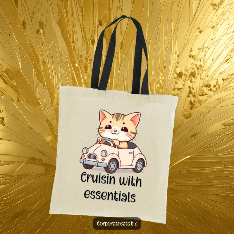 Funny tote bag featuring a cute cat driving a miniature toy car. A humorous and practical accessory for daily use.