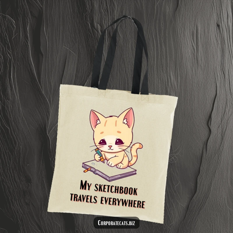 Funny cat artist tote bag, a creative cat artist diligently sketches on a tiny notepad, ready for any adventure.