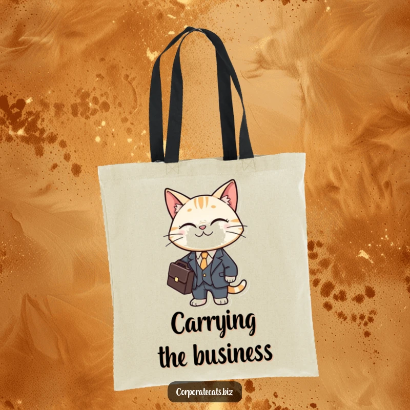 Funny cat tote bag featuring a smiling cat in a miniature business suit holding a briefcase, ready for work.