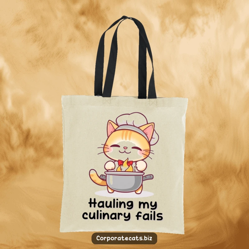 Funny Tote Bag: A comical cat chef drops a pot, with food flying everywhere, eyes wide with surprise.