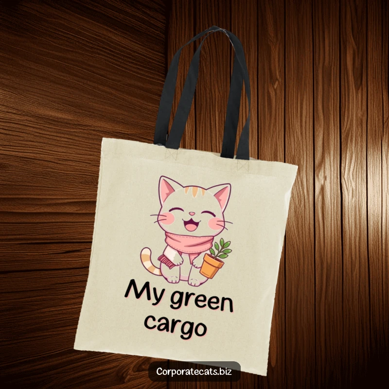 Funny joyful cat tote bag, wearing a scarf and holding a plant pot, a charming and practical accessory for plant lovers.