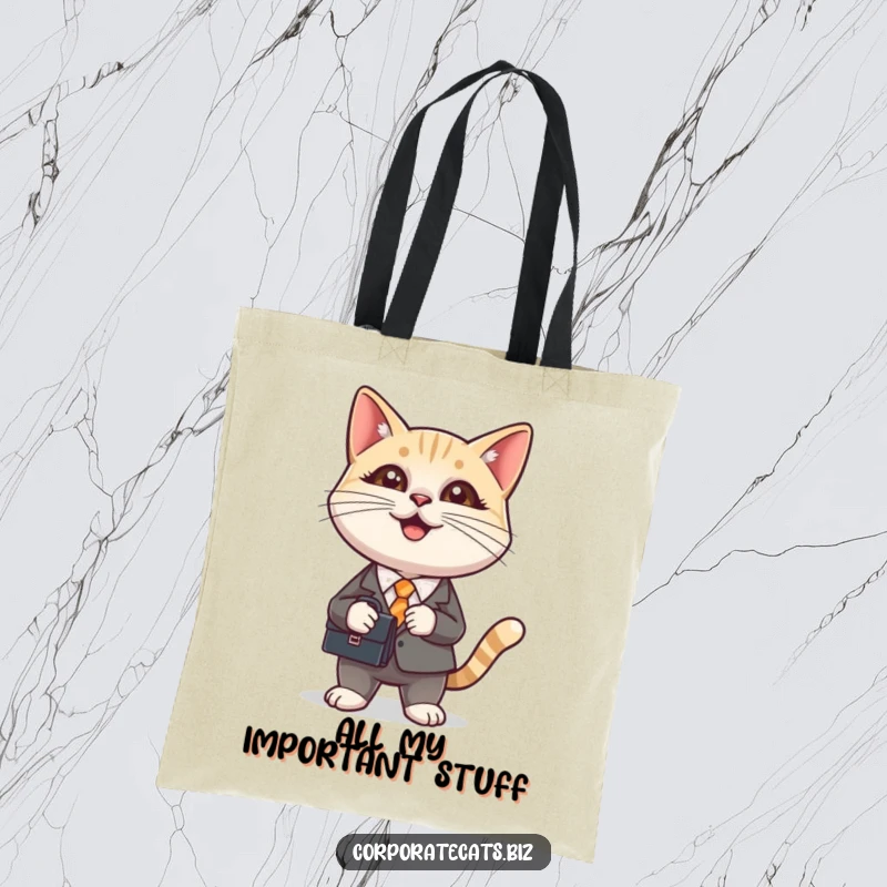 Funny tote bag showcasing a cat in a business suit holding a briefcase, ideal for shopping or carrying work essentials. Chic and funny.