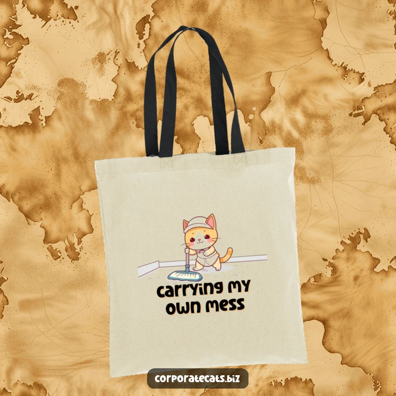 Funny Tote Bag: A comical cat janitor slips on a wet floor, with a mop and bucket flying, looking surprised.