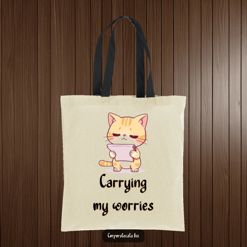 Funny tote bag illustrating a hesitant cat presenting a large stack of papers, perfect for office or school use.
