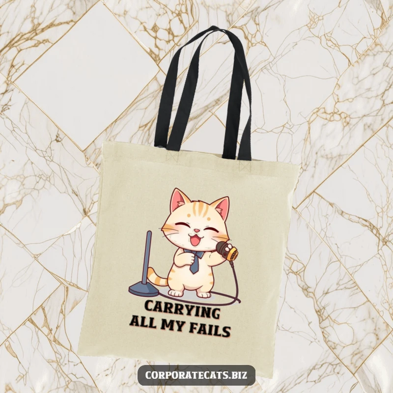 Funny Tote Bag: A cat presenter trips over a microphone cord, scattering papers with a comical surprised expression.