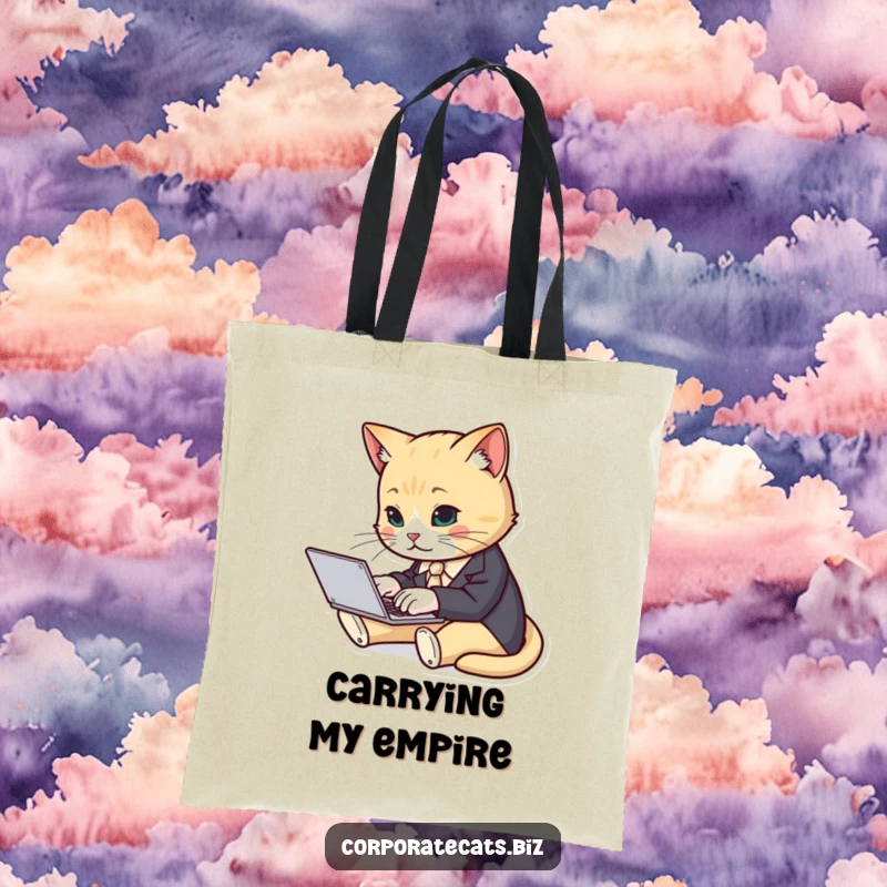 Funny cat in a business suit typing furiously on a laptop, featured on a durable tote bag.