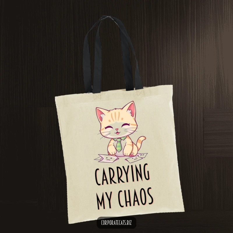 Funny cat tote bag, a cat in a tiny tie looking stressed while fumbling papers.