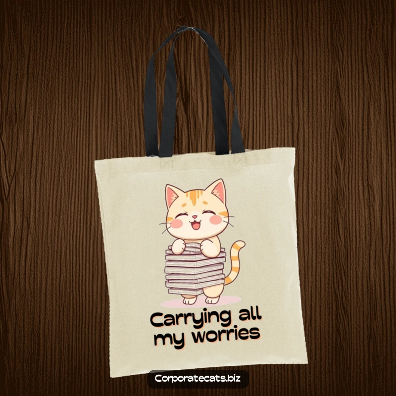 Funny tote bag with a cute cat precariously balancing a stack of documents, ready for errands.