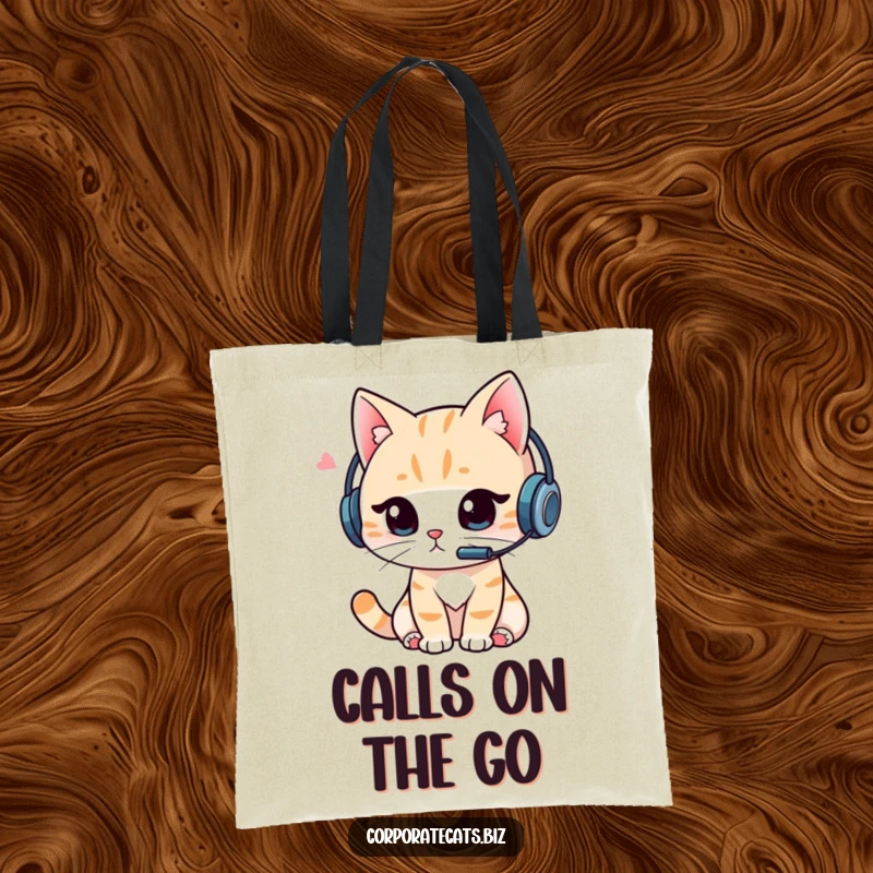 Funny Cat Video Call Tote Bag: Durable tote showcasing a cat wearing a headset, engrossed in a video call, ideal for gamers and remote workers.