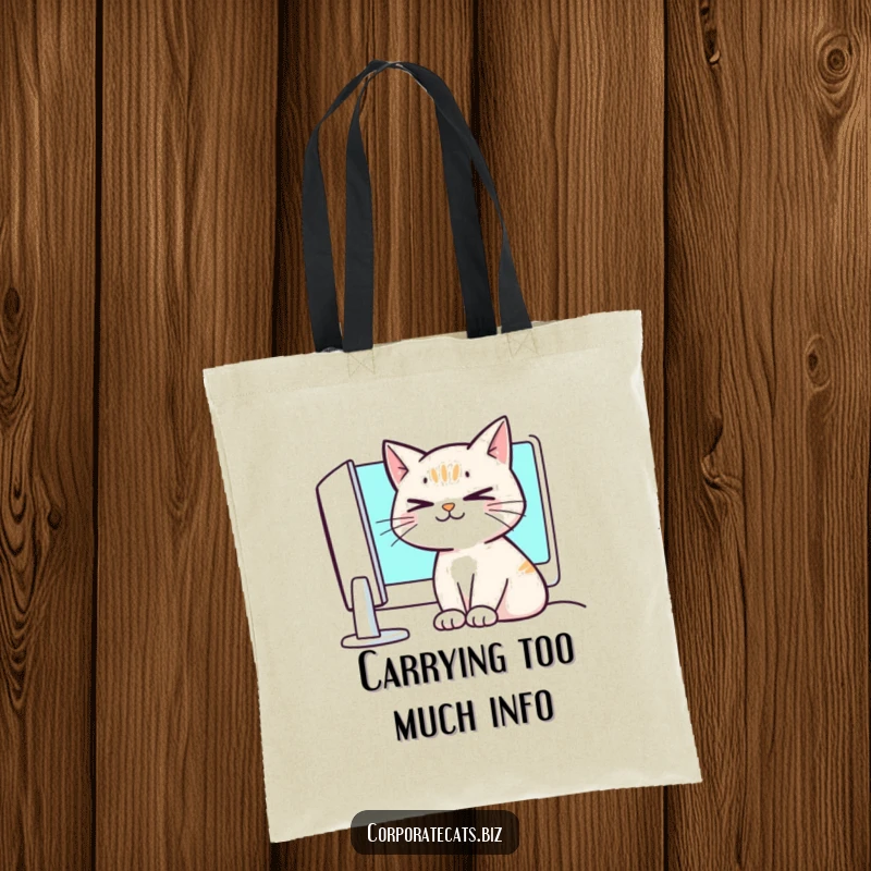 Funny crossed-eyed cat tote bag, hilariously gazing at a screen, making a stylish and humorous statement.