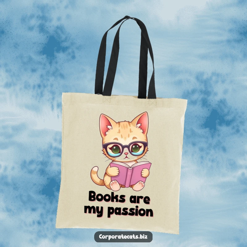 Funny tote bag showcasing a curious cat wearing glasses and reading a small book, ideal for carrying literature.