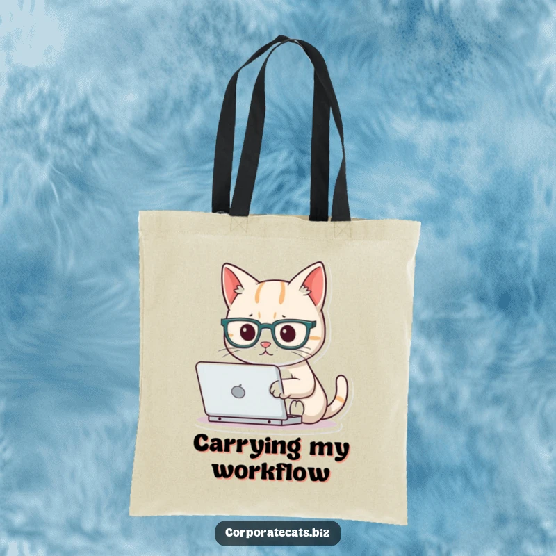 Funny focused cat tote bag wearing tiny glasses, typing on a miniature laptop, a stylish and humorous accessory for carrying work essentials.
