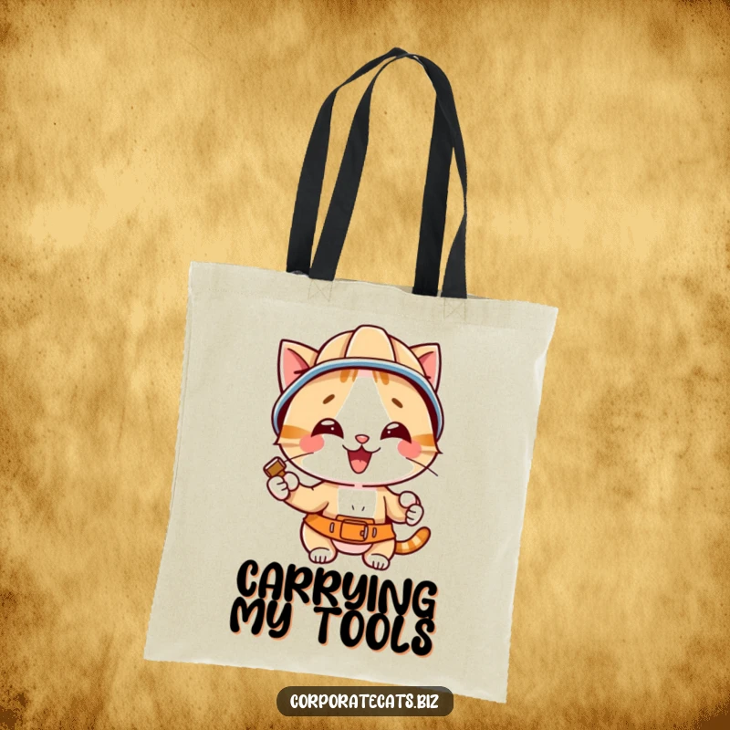 Funny cat in a hard hat, hammer in paw, looking ready for action on a durable tote bag, perfect for errands.