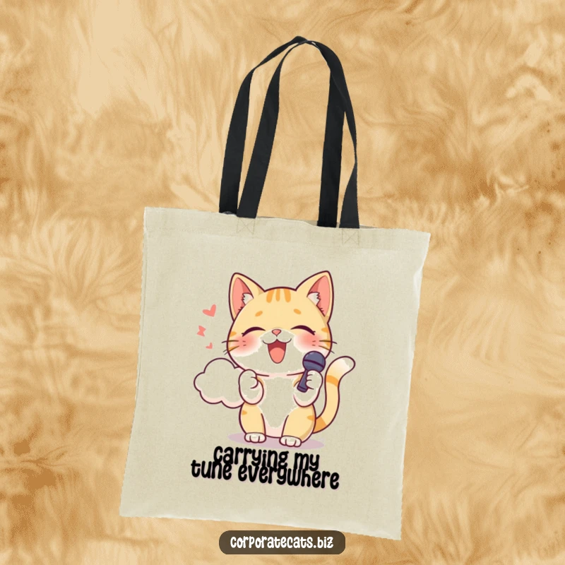 Funny cat with a microphone, singing into a cloud, a stylish tote for music enthusiasts. An amazing funny gift.