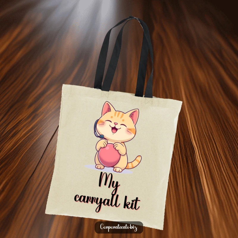 Funny tote bag, a happy cat wearing a headset comically bounces a stress ball, perfect for carrying daily items with a humorous touch.