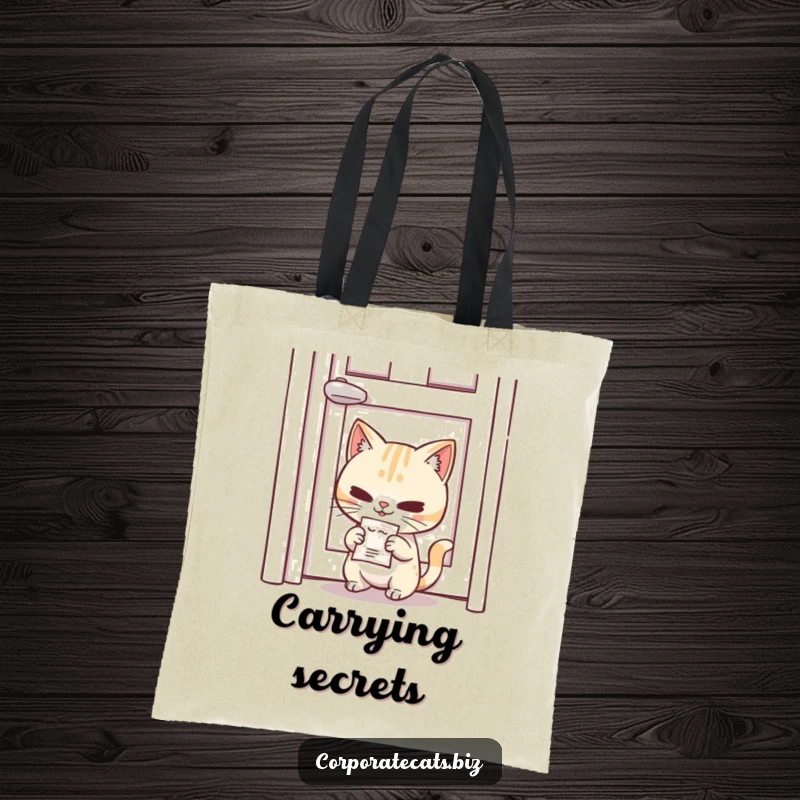 Funny Undercover Cat Tote Bag: a mischievous cat character slipping a tiny memo under a door, perfect for carrying secrets.