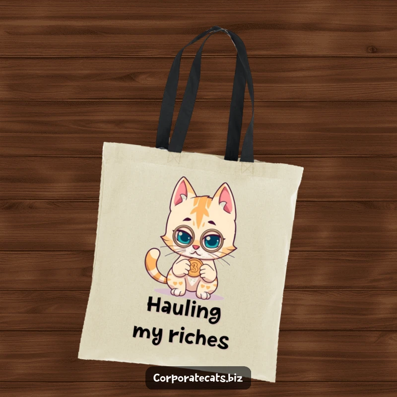 Funny tote bag with a mischievous cat wearing a monocle, closely inspecting a coin, a humorous accessory for the observant.