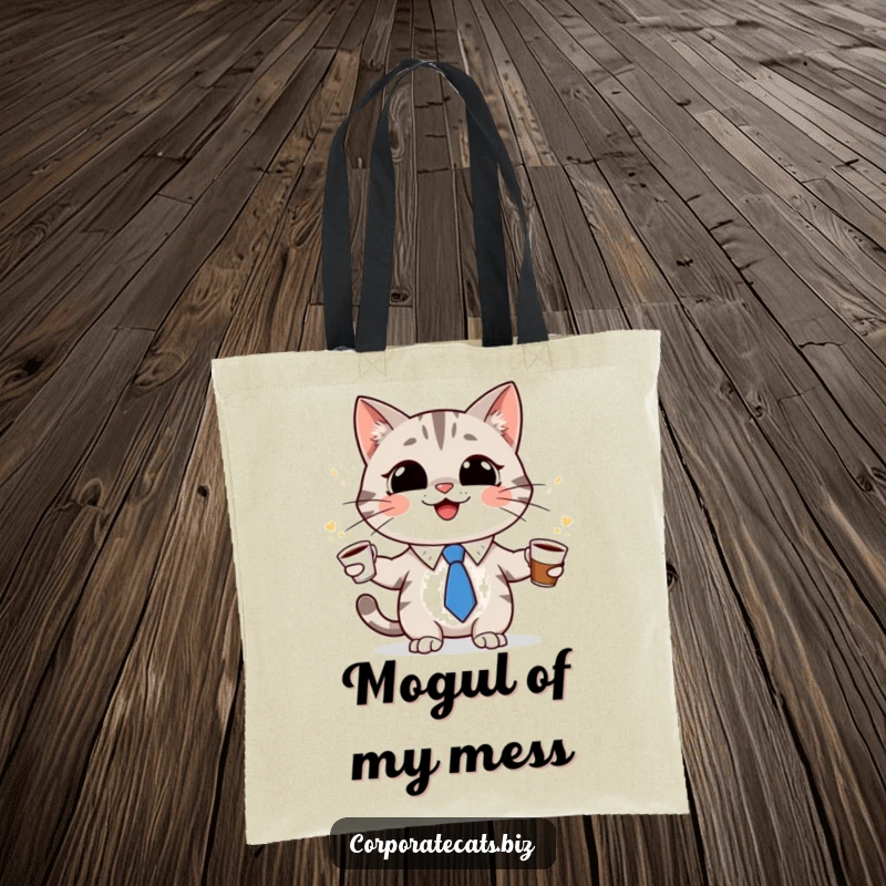Funny cat character in a tiny tie, grinning and juggling coffee cups on a tote bag, perfect for carrying coffee and spreading humor, a gift.
