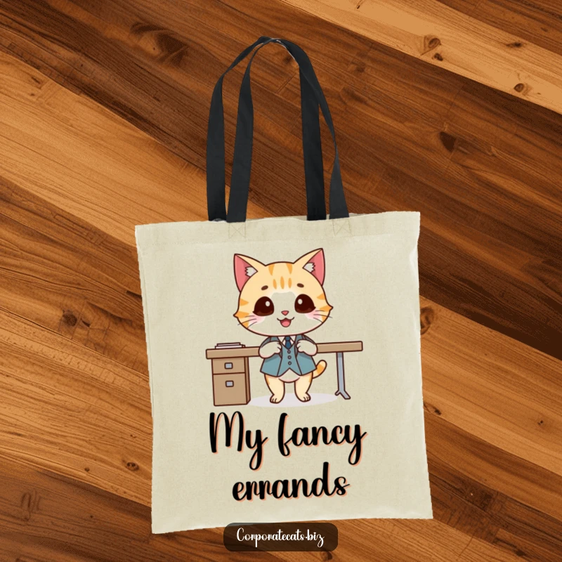 Funny tote bag with a smiling cat in a small suit crossing legs elegantly, great for carrying items with a sophisticated and humorous flair.